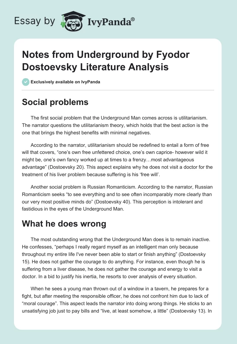 Notes from Underground by Fyodor Dostoevsky Literature Analysis. Page 1