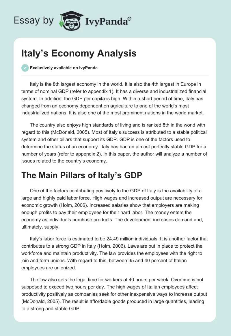 Italy’s Economy Analysis. Page 1