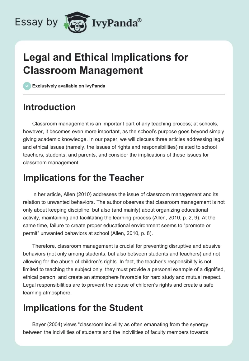 Legal and Ethical Implications for Classroom Management. Page 1