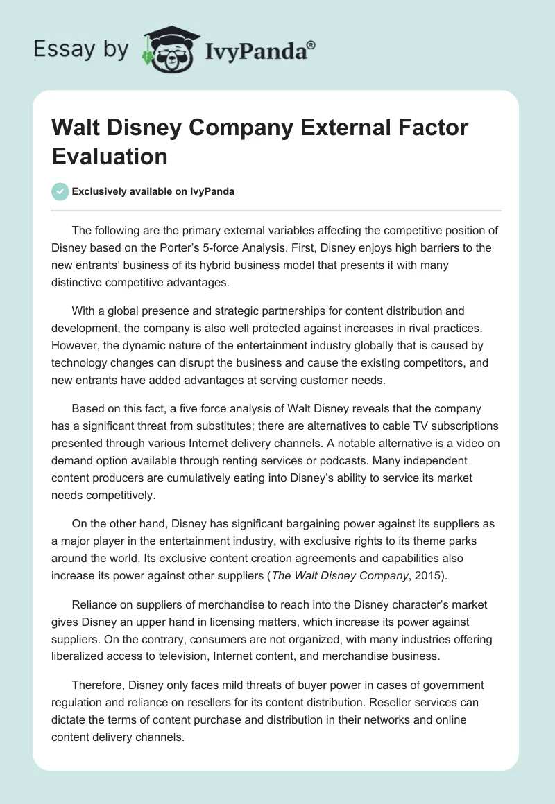 Walt Disney Company External Factor Evaluation. Page 1
