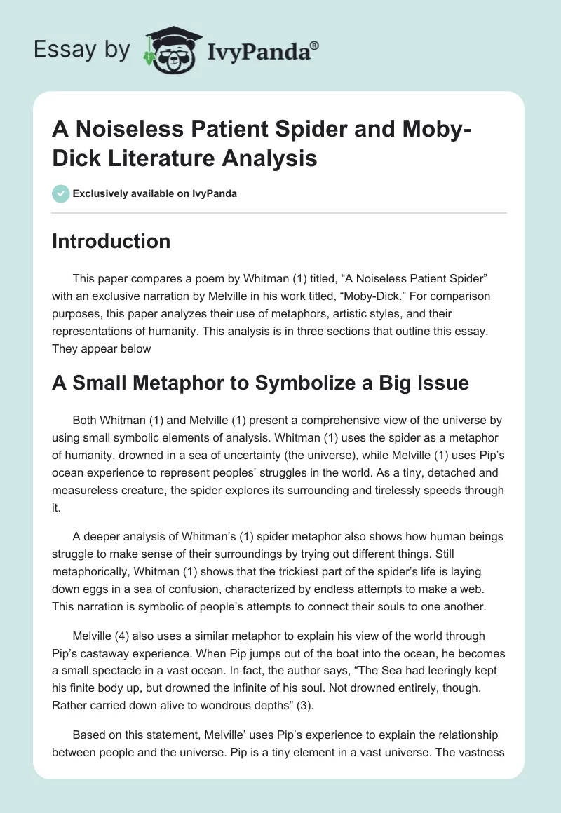 "A Noiseless Patient Spider" and "Moby-Dick" Literature Analysis. Page 1