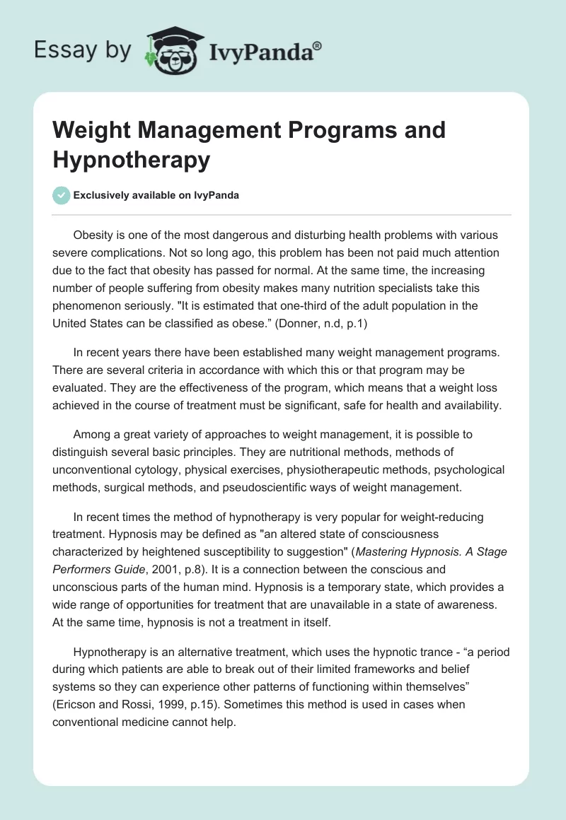 Weight Management Programs and Hypnotherapy. Page 1