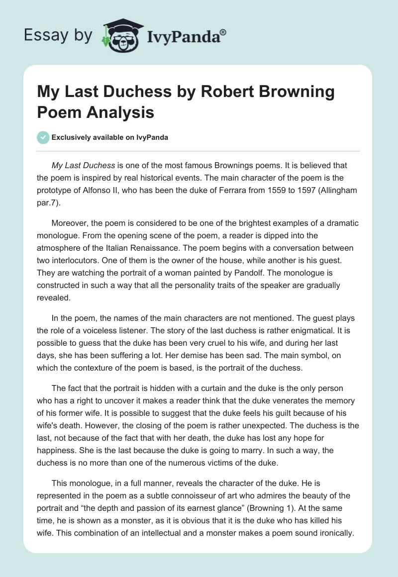 "My Last Duchess" by Robert Browning Poem Analysis. Page 1