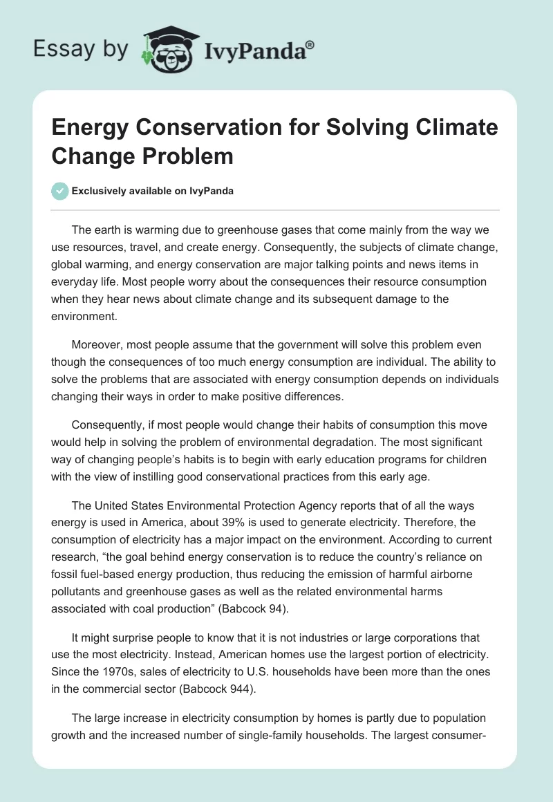 Energy Conservation for Solving Climate Change Problem. Page 1