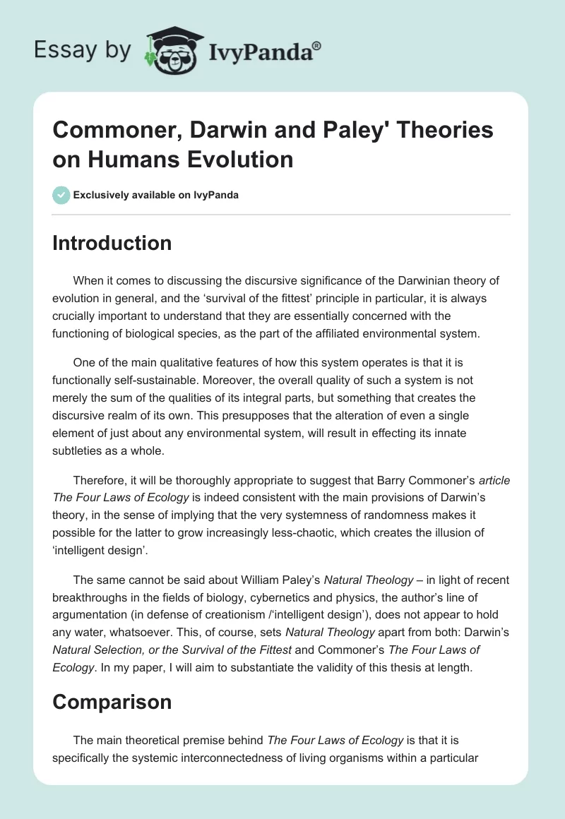 Commoner, Darwin and Paley' Theories on Humans Evolution. Page 1