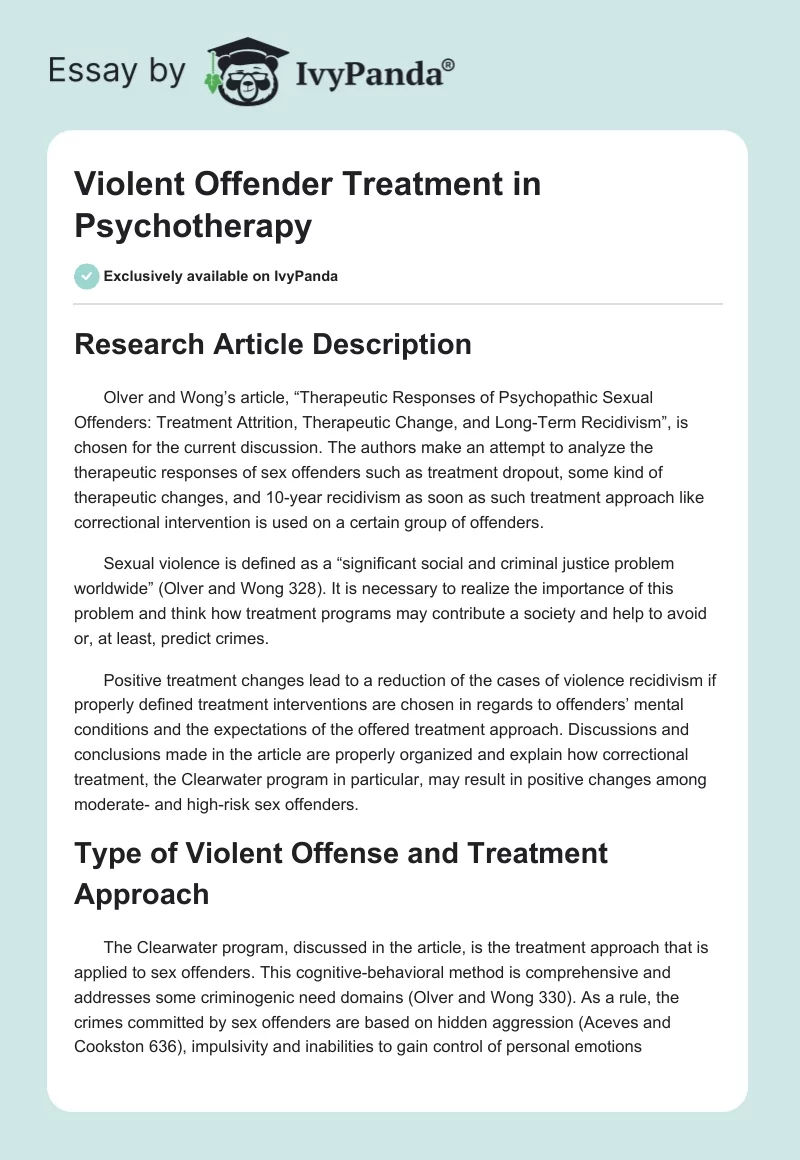 Violent Offender Treatment in Psychotherapy. Page 1