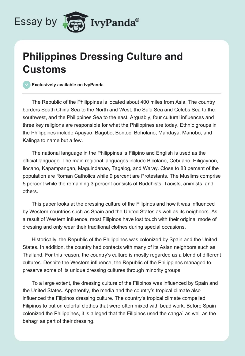 Philippines Dressing Culture and Customs. Page 1