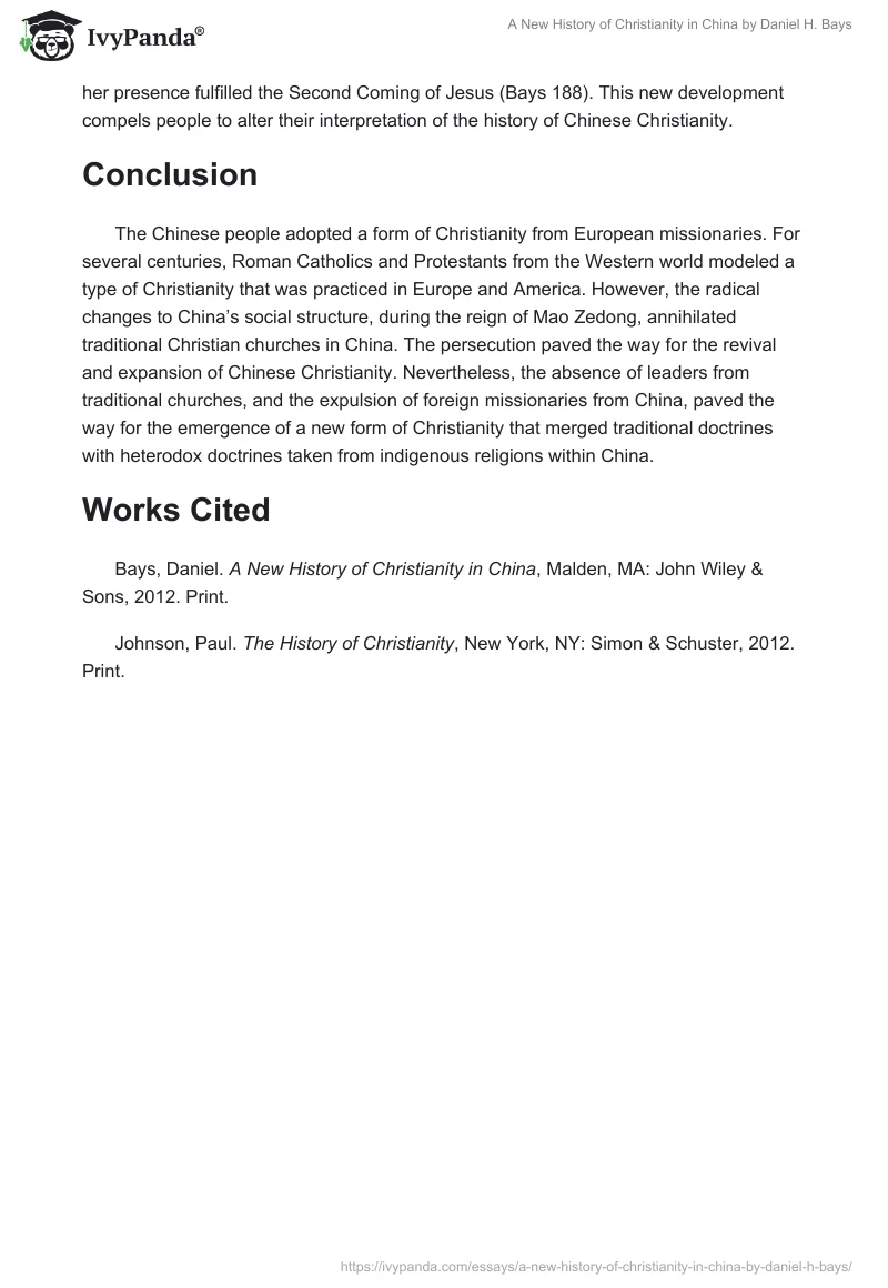 "A New History of Christianity in China" by Daniel H. Bays. Page 3