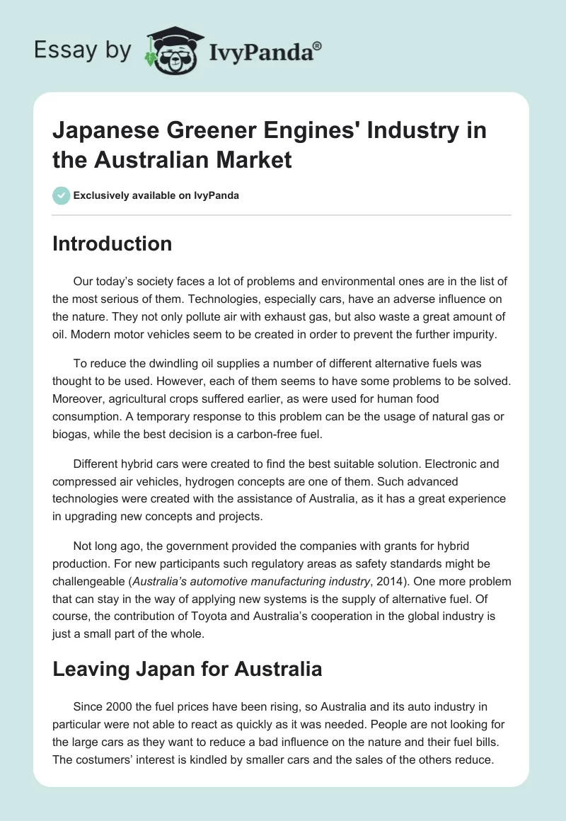 Japanese Greener Engines' Industry in the Australian Market. Page 1