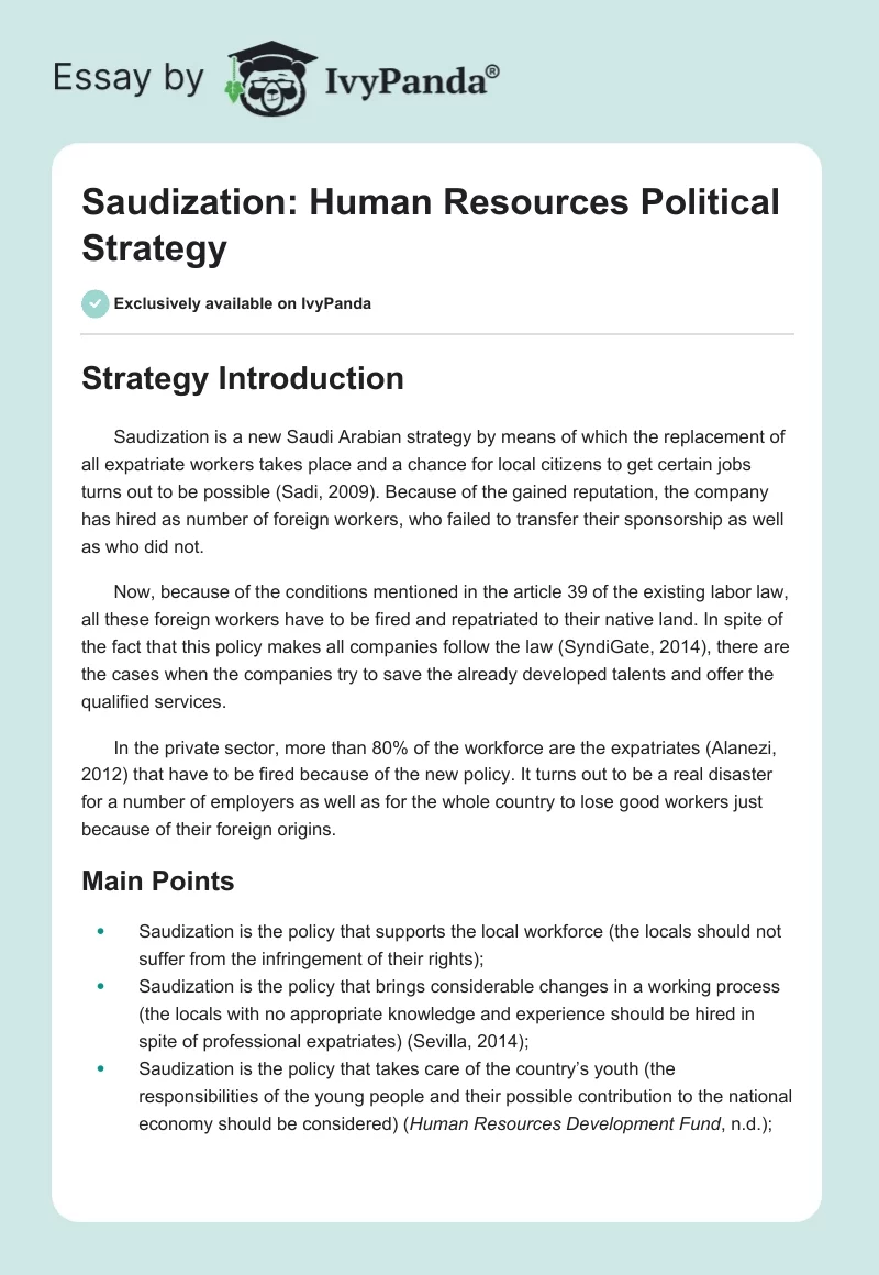 Saudization: Human Resources Political Strategy. Page 1
