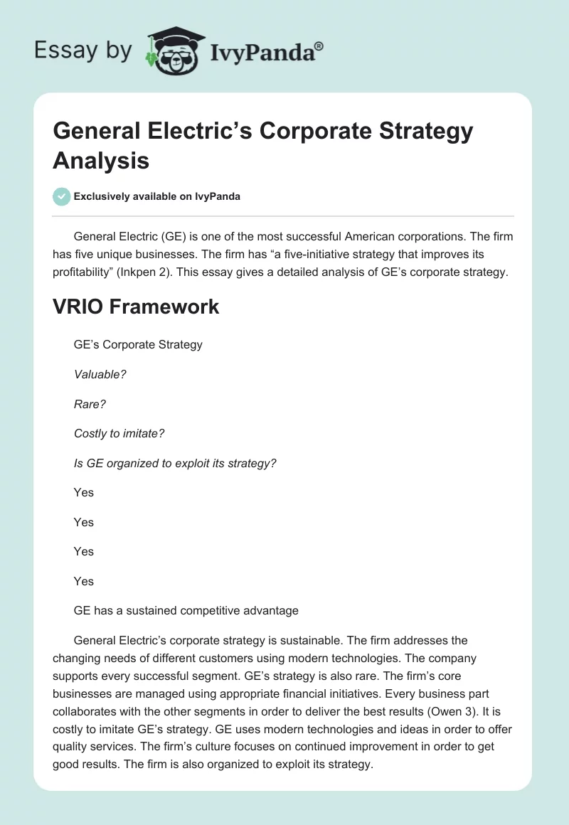 General Electric’s Corporate Strategy Analysis. Page 1