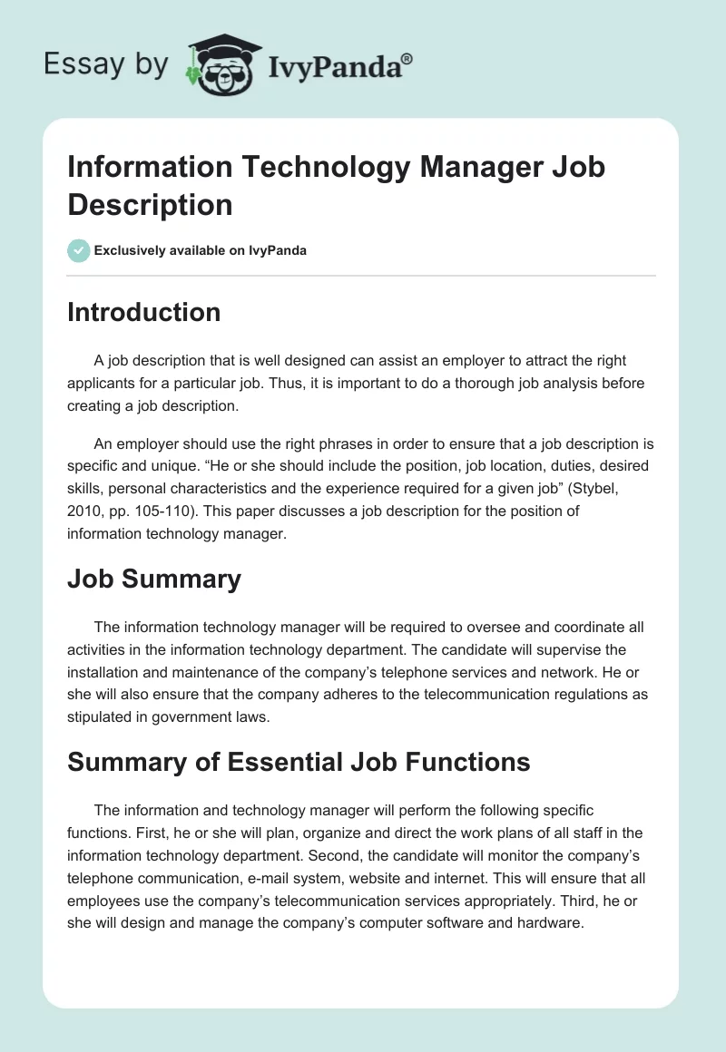 Information Technology Manager Job Description. Page 1