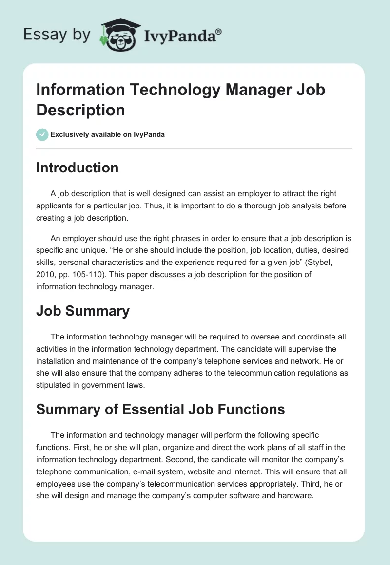  Information Technology Manager Job Description 575 Words Research 