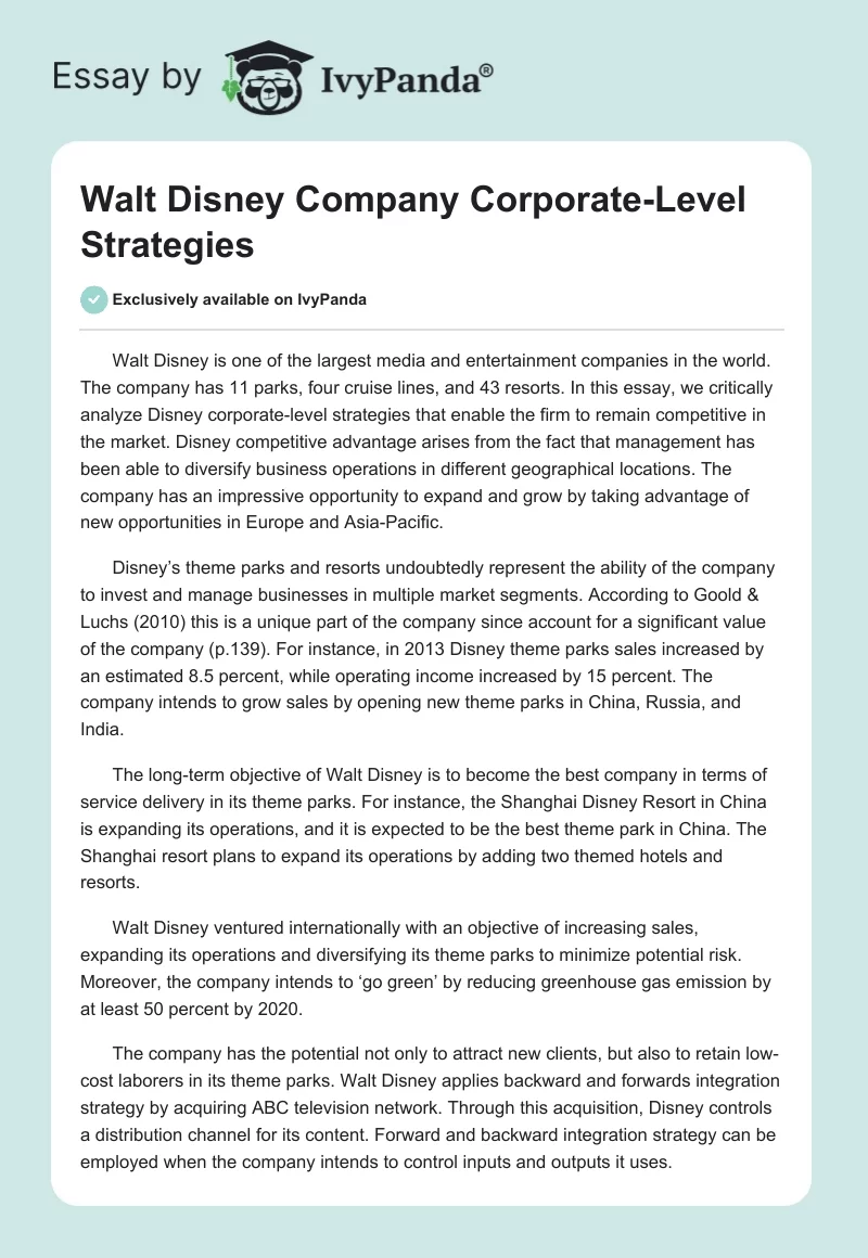 Walt Disney Company Corporate-Level Strategies. Page 1