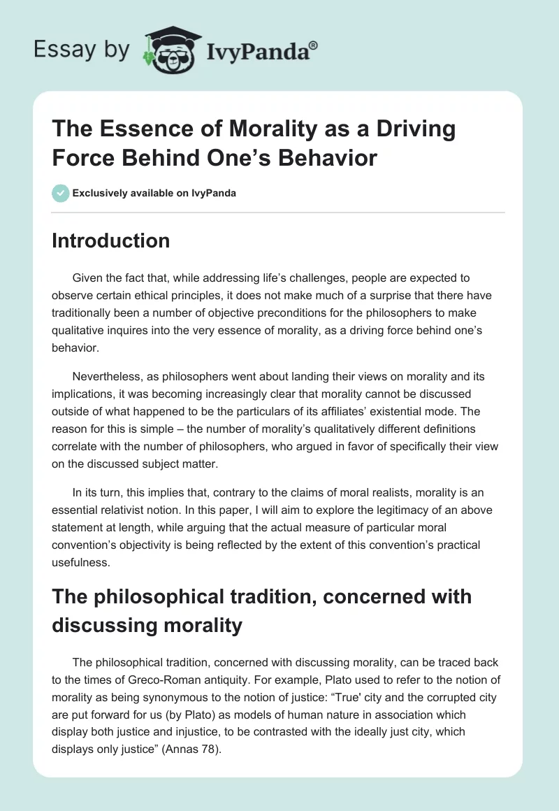 The Essence of Morality as a Driving Force Behind One’s Behavior. Page 1