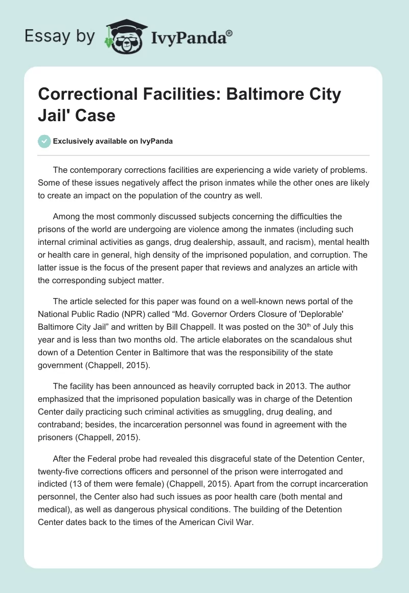 Correctional Facilities: Baltimore City Jail' Case. Page 1