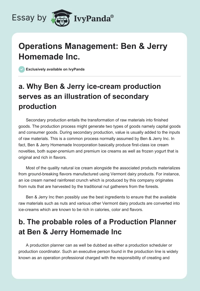 Operations Management: Ben & Jerry Homemade Inc.. Page 1