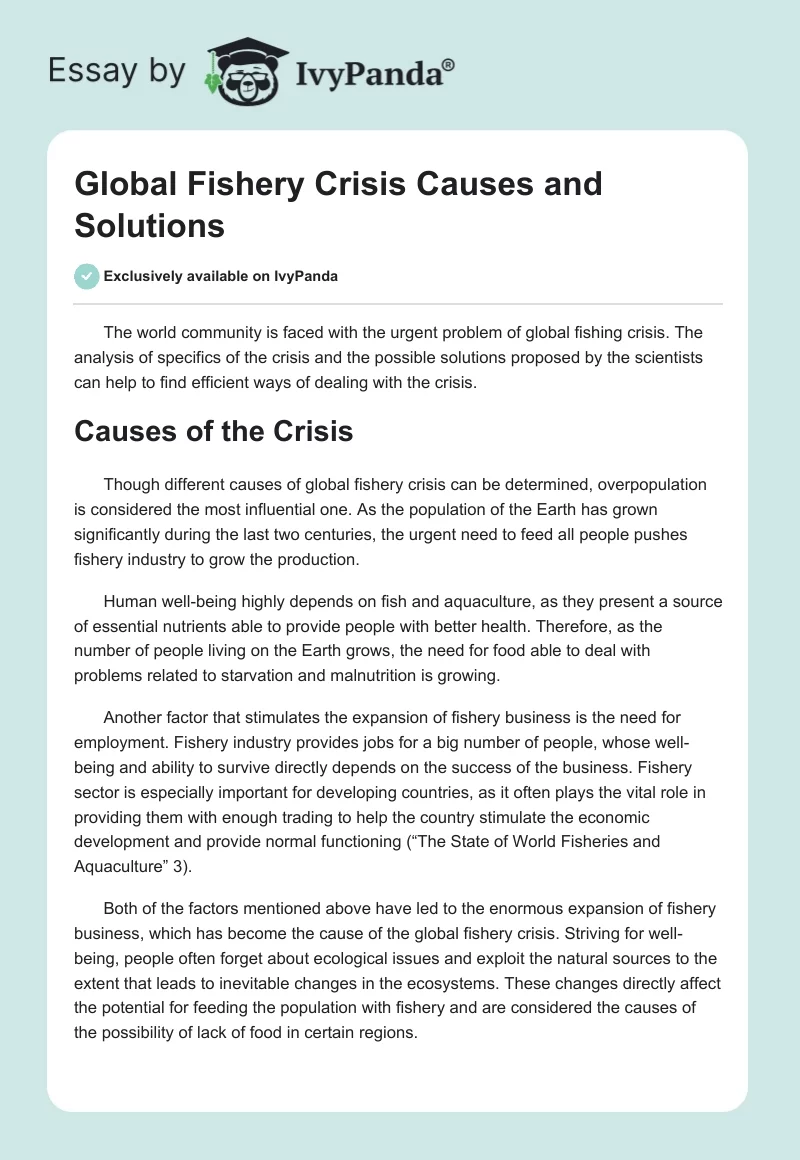 Global Fishery Crisis Causes and Solutions. Page 1
