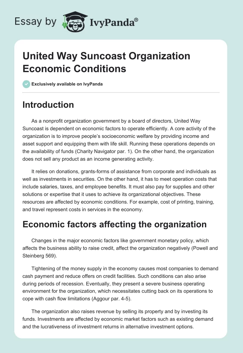 United Way Suncoast Organization Economic Conditions. Page 1