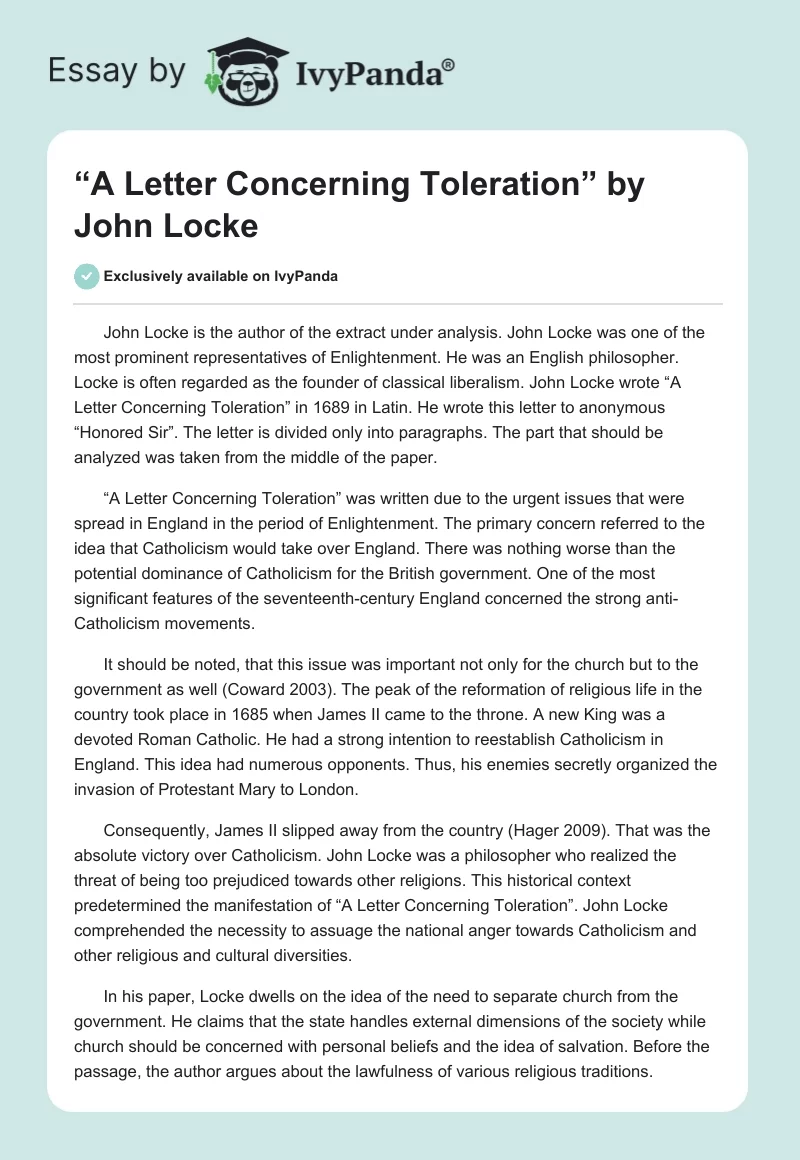 “A Letter Concerning Toleration” by John Locke. Page 1