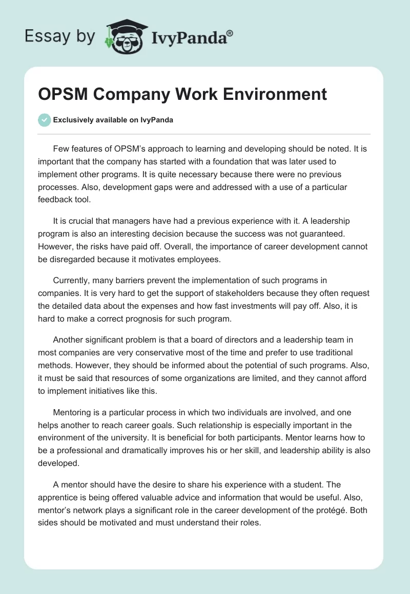 OPSM Company Work Environment. Page 1