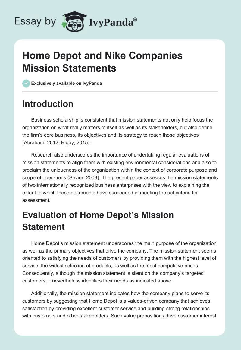 Home Depot and Nike Companies Mission Statements. Page 1
