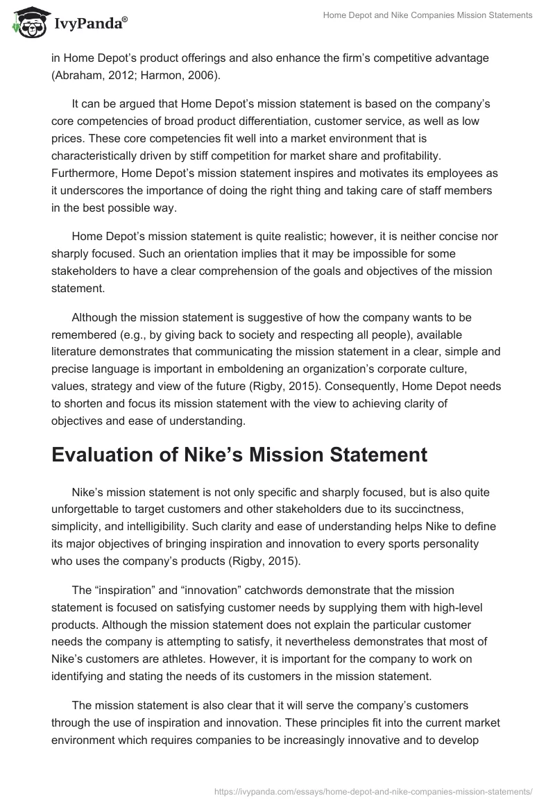 Home Depot and Nike Companies Mission Statements. Page 2