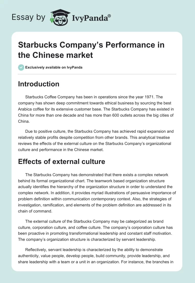 Starbucks Company’s Performance in the Chinese Market. Page 1