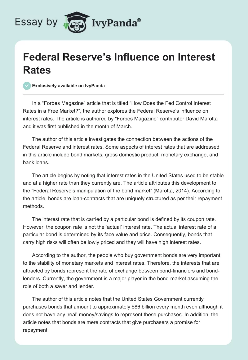 Federal Reserve’s Influence on Interest Rates. Page 1