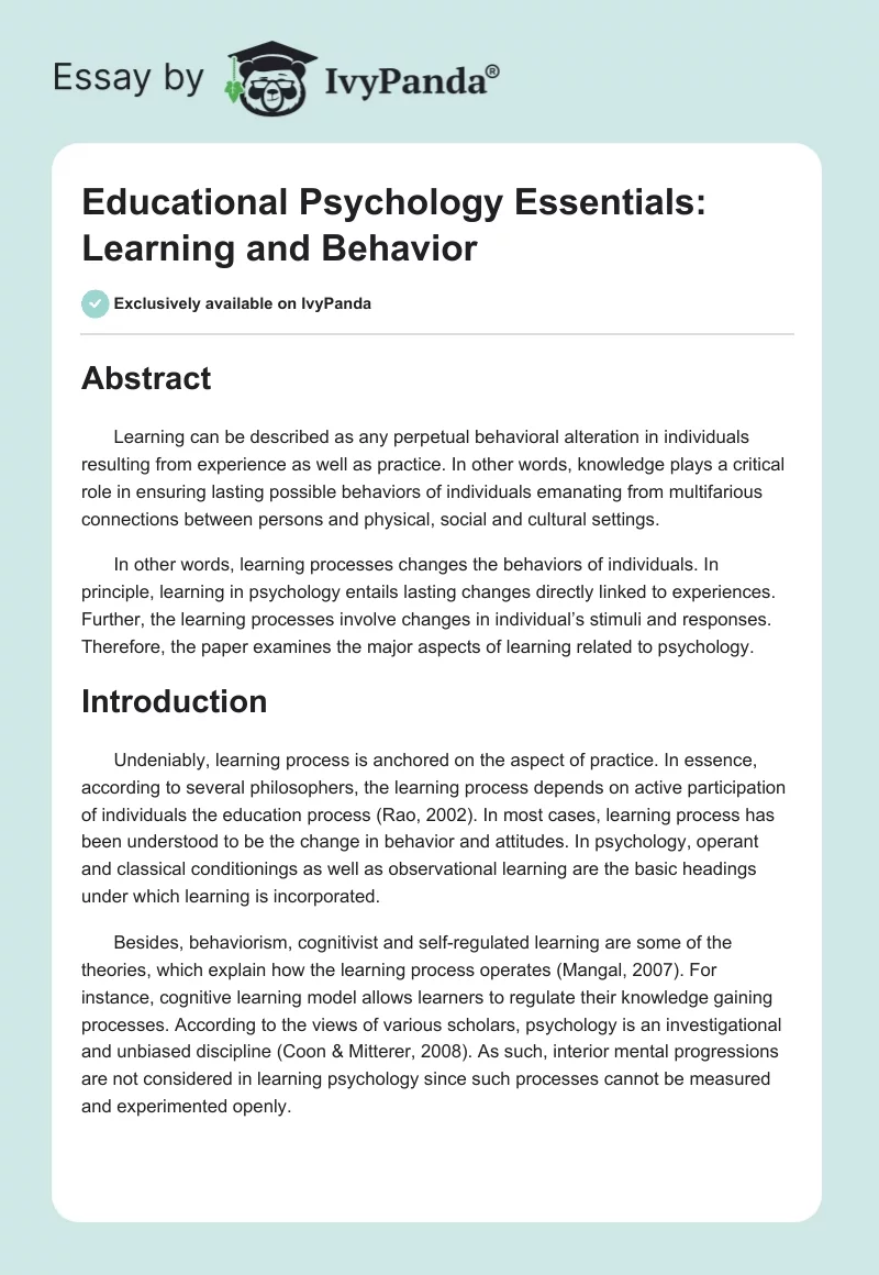 Educational Psychology Essentials: Learning and Behavior. Page 1