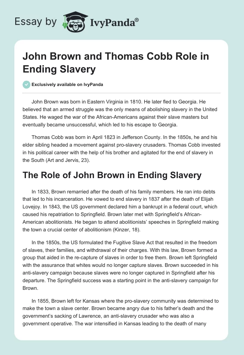 John Brown and Thomas Cobb Role in Ending Slavery. Page 1