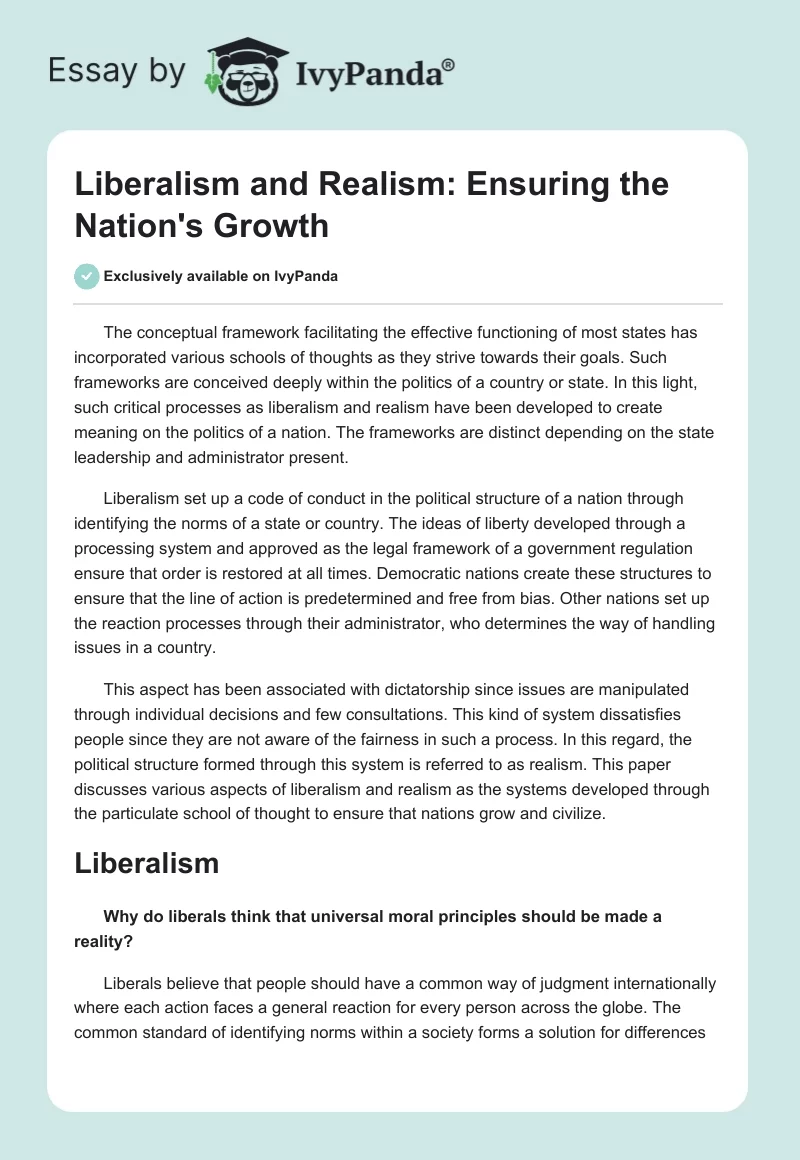 Liberalism and Realism: Ensuring the Nation's Growth. Page 1