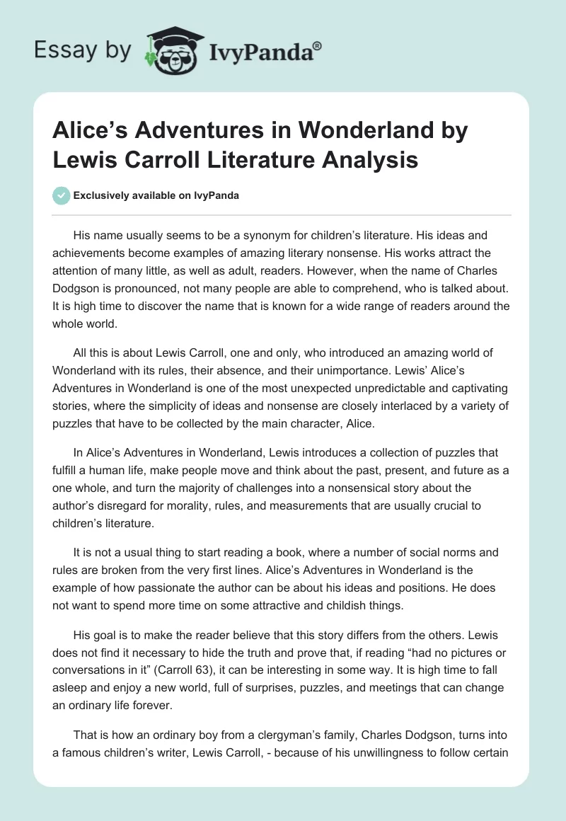 Alice’s Adventures in Wonderland by Lewis Carroll Literature Analysis. Page 1
