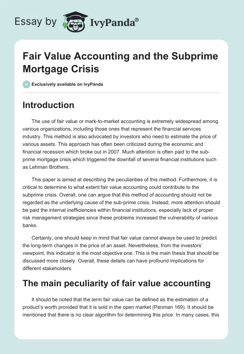 Fair Value Accounting and the Subprime Mortgage Crisis. Page 1