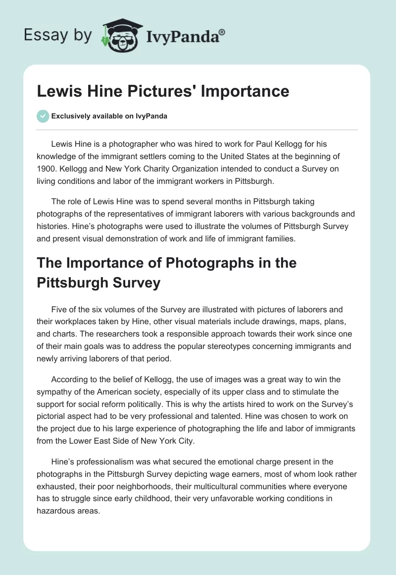 Lewis Hine Pictures' Importance. Page 1