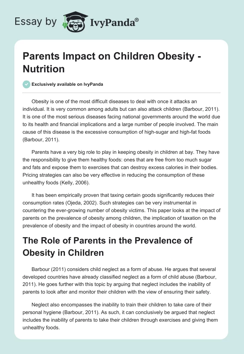 Parents Impact on Children Obesity - Nutrition. Page 1