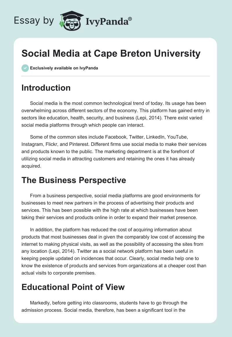 Social Media at Cape Breton University. Page 1