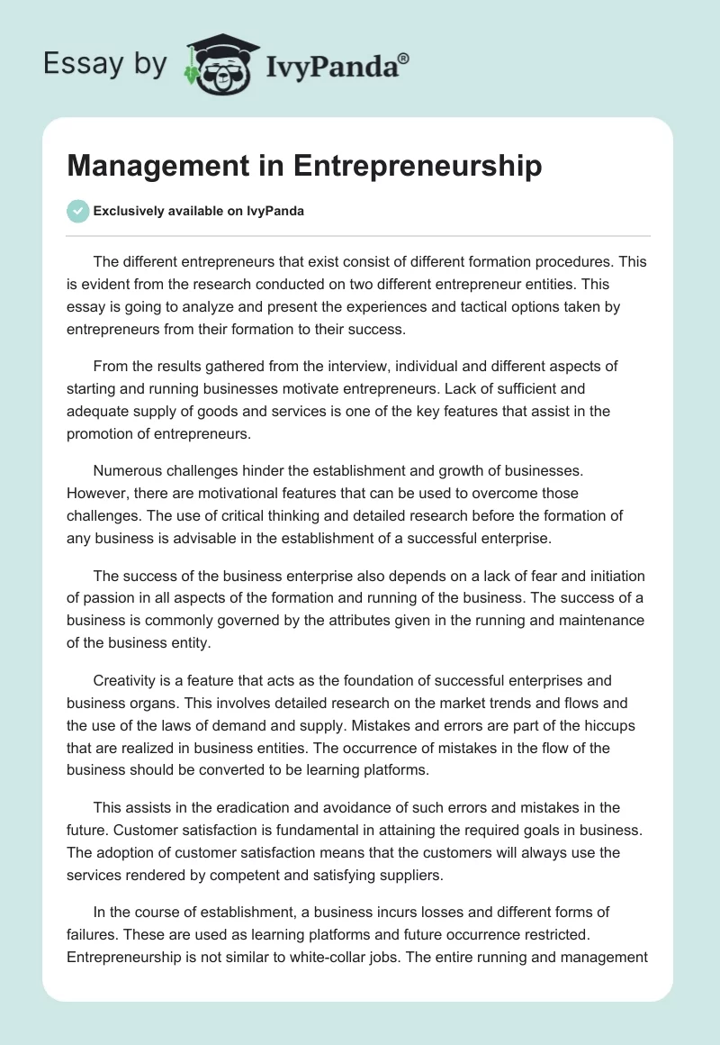 Management in Entrepreneurship. Page 1