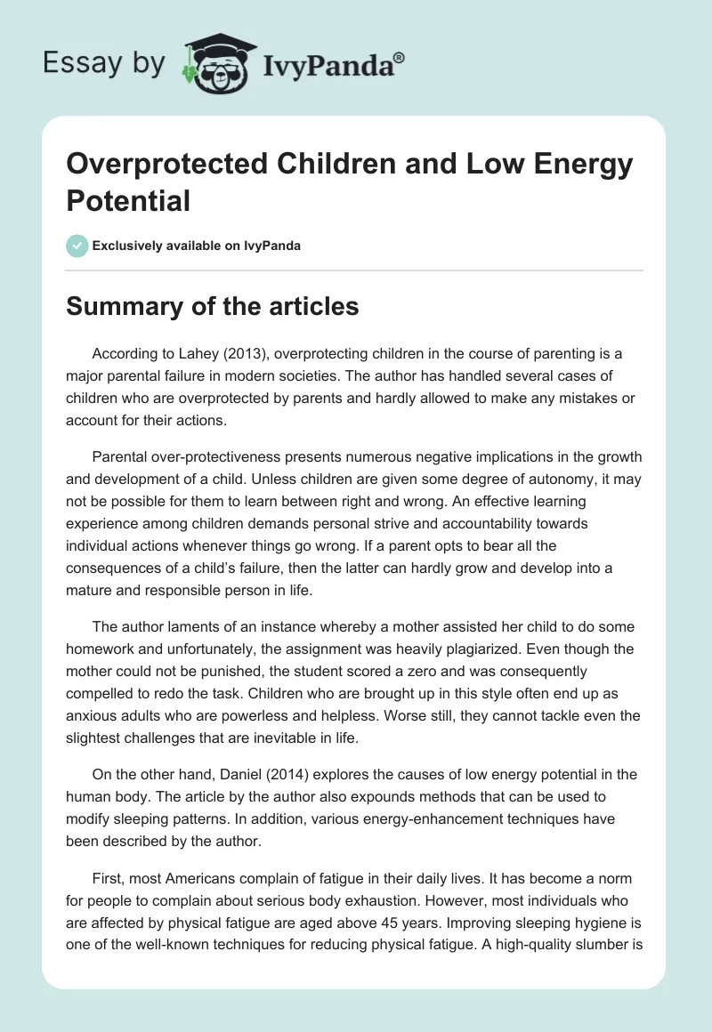 Overprotected Children and Low Energy Potential. Page 1