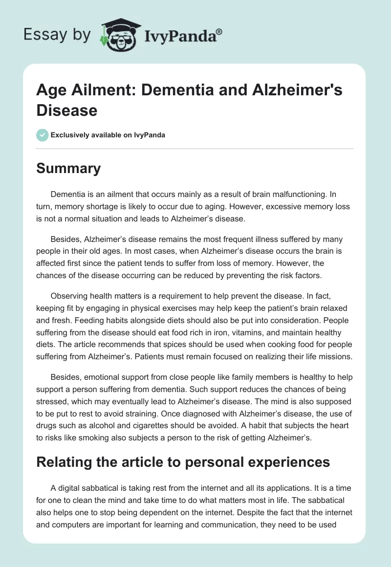 Age Ailment: Dementia and Alzheimer's Disease. Page 1