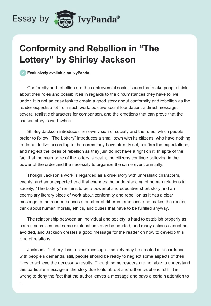 Conformity and Rebellion in “The Lottery” by Shirley Jackson. Page 1