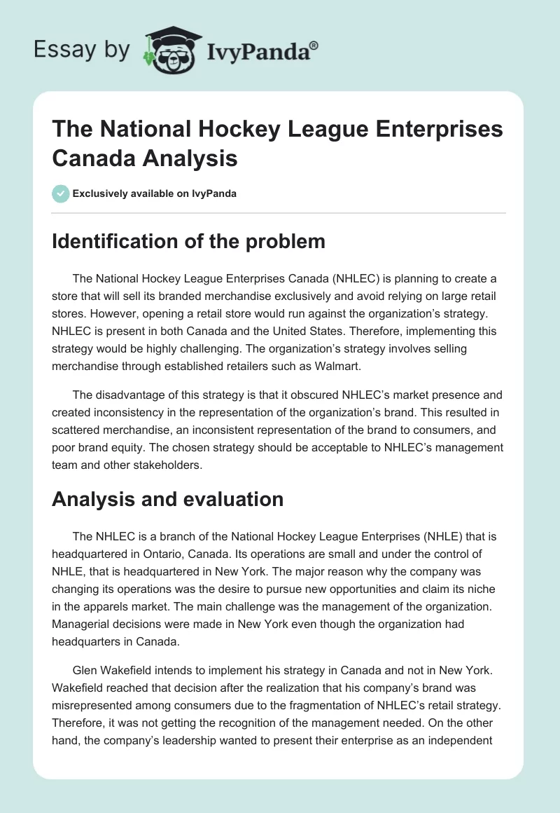 The National Hockey League Enterprises Canada Analysis. Page 1