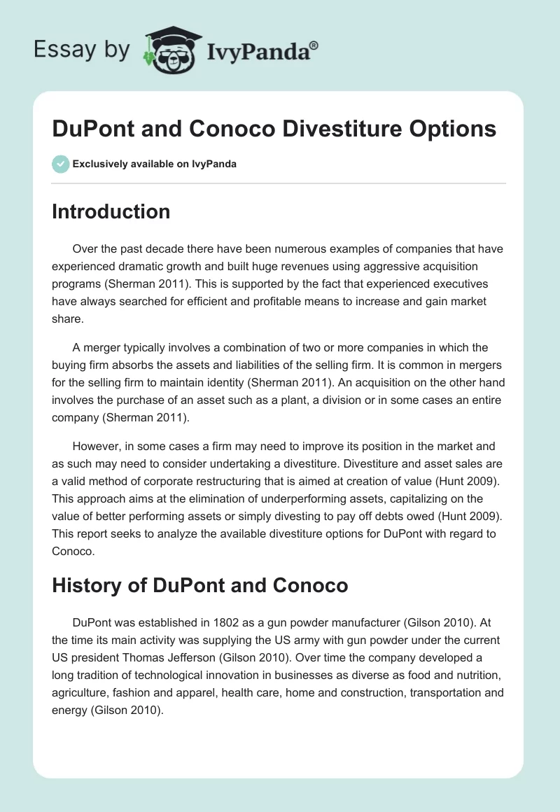 DuPont and Conoco Divestiture Options. Page 1