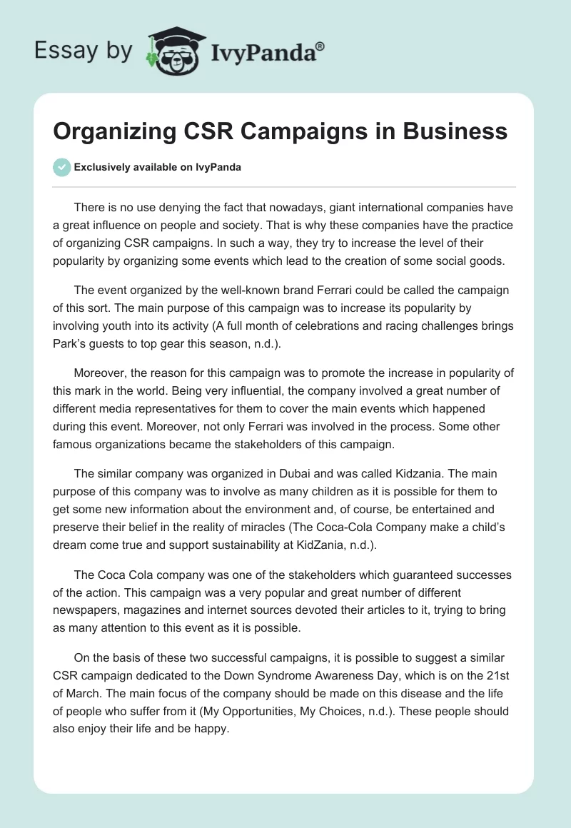Organizing CSR Campaigns in Business. Page 1