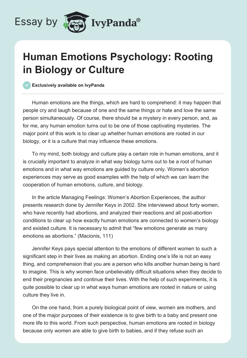 Human Emotions Psychology: Rooting in Biology or Culture. Page 1