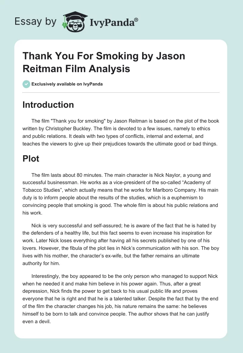 "Thank You For Smoking" by Jason Reitman Film Analysis. Page 1