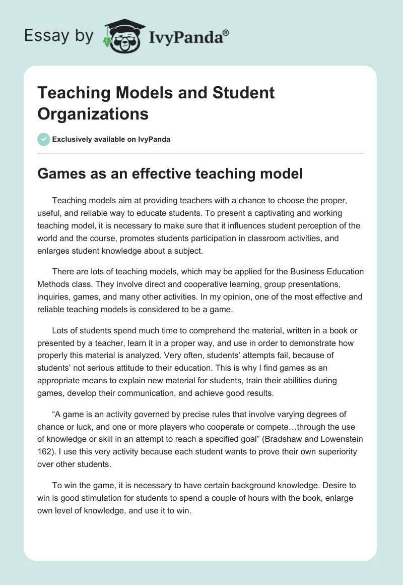 Teaching Models and Student Organizations. Page 1