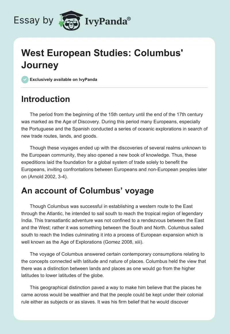 West European Studies: Columbus' Journey. Page 1