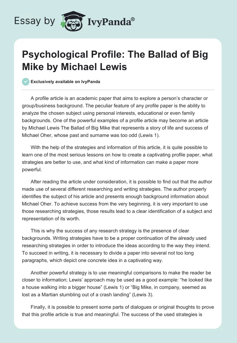 Psychological Profile: The Ballad of Big Mike by Michael Lewis. Page 1