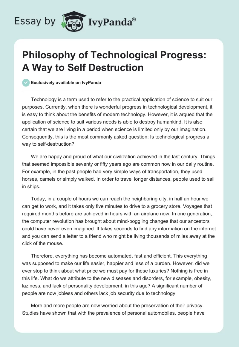 Philosophy of Technological Progress: A Way to Self Destruction. Page 1